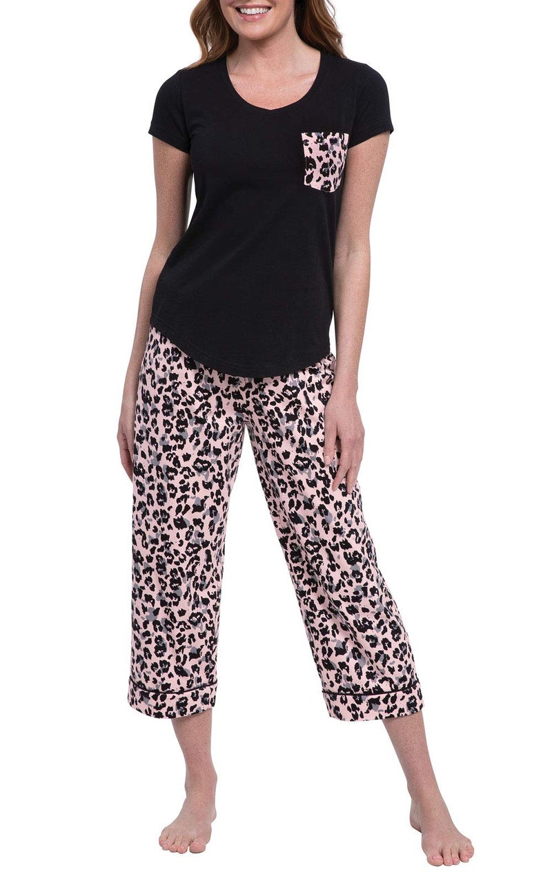 PajamaGram Pajamas for Women Cotton - Womens Capri Pajama Sets, Black, M, 8-10 - Image 1